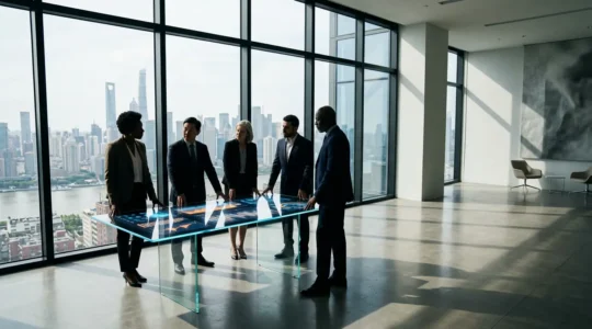 Senior executives analyzing strategic risk scenarios in a modern corporate boardroom