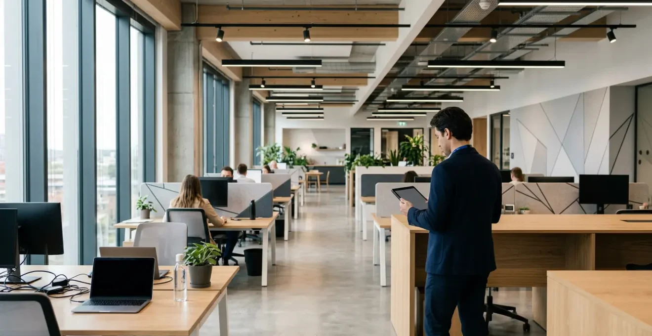 Strategic facility management showing modern commercial building interior with energy-efficient systems