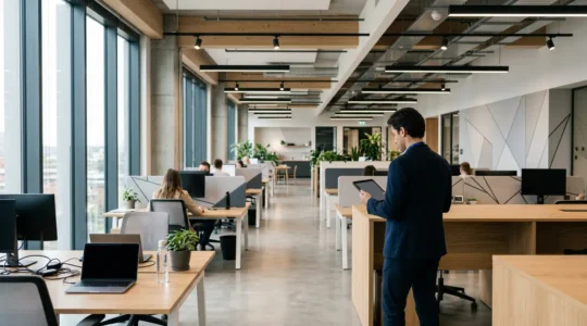 Strategic facility management showing modern commercial building interior with energy-efficient systems