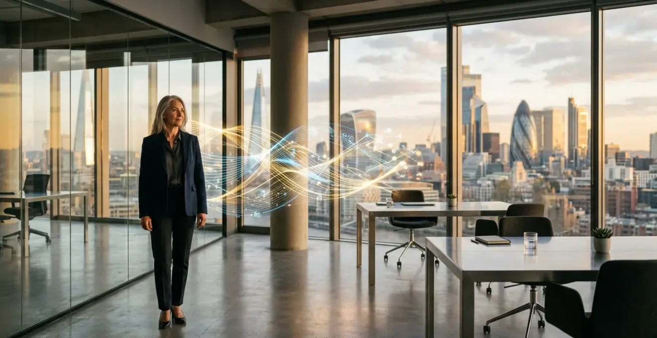 Modern UK accounting office with professionals analyzing financial data visualizations on holographic displays
