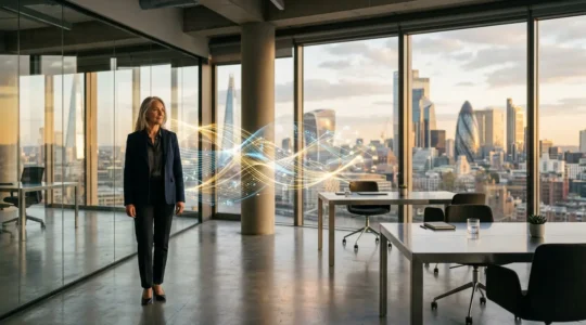 Modern UK accounting office with professionals analyzing financial data visualizations on holographic displays
