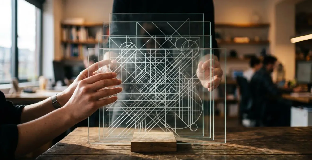 Business executives examining layered analysis framework on glass board