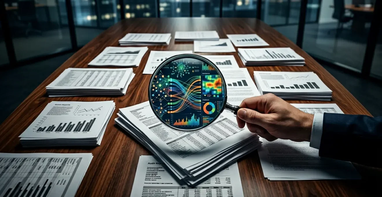 Corporate financial analyst examining detailed operational expense data through magnifying glass with financial documents spread across modern office desk