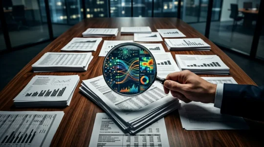 Corporate financial analyst examining detailed operational expense data through magnifying glass with financial documents spread across modern office desk