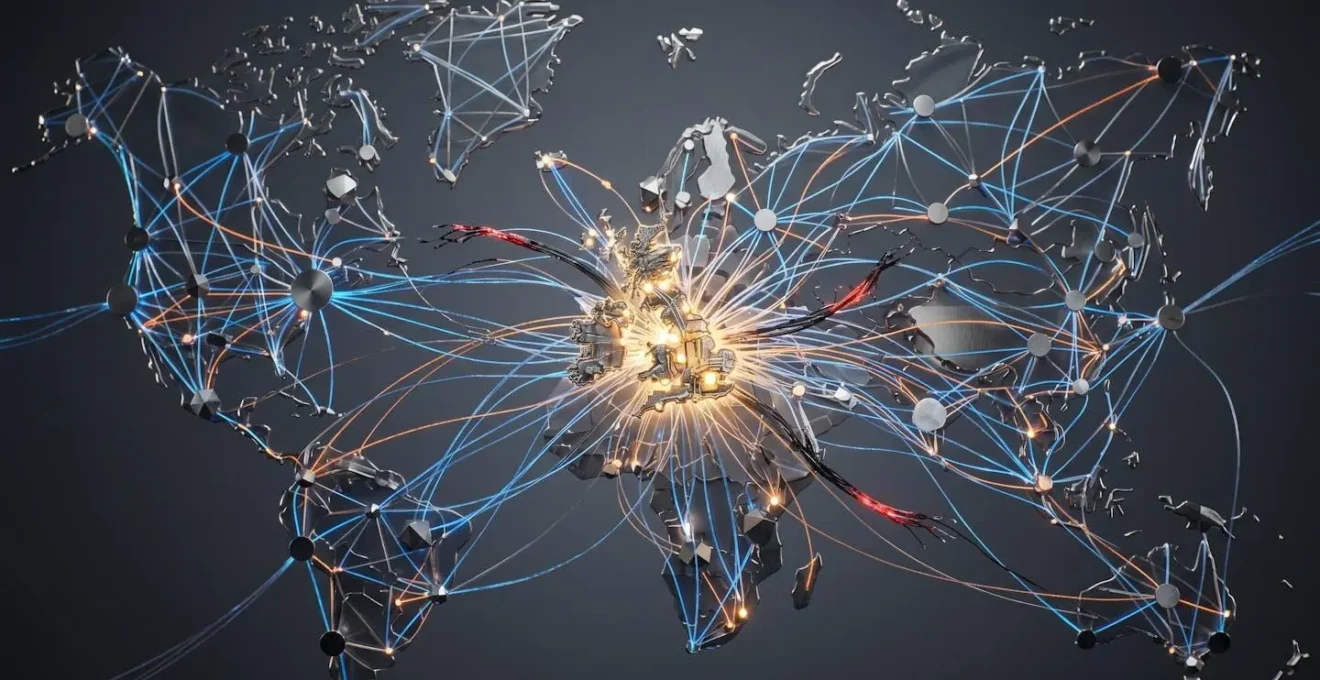 Abstract visualization of interconnected supply chain nodes spanning from UK to global markets