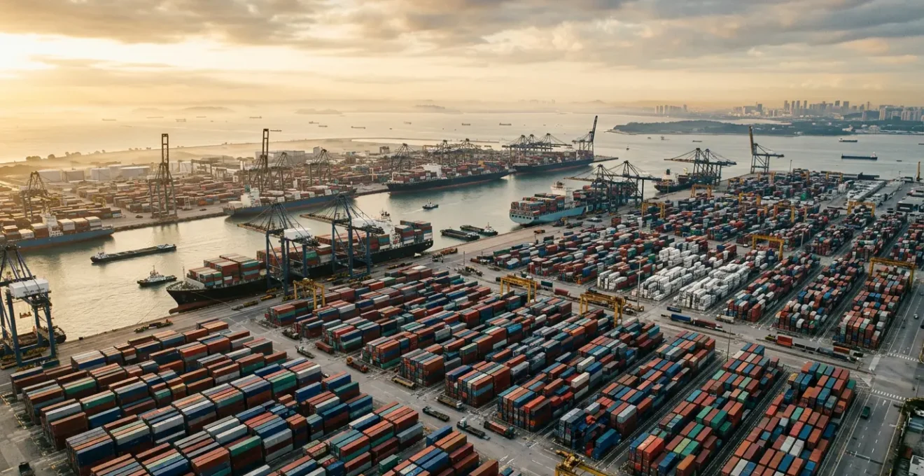 Aerial view of a complex global shipping port with containers and cargo vessels illustrating supply chain inefficiencies