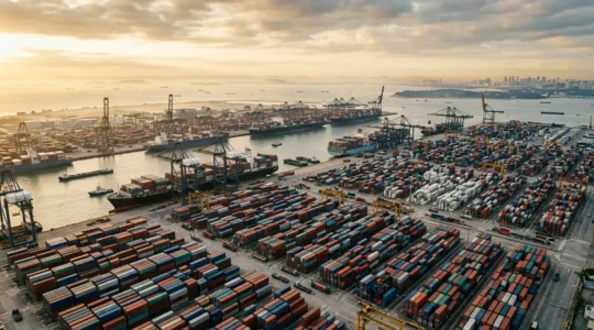 Aerial view of a complex global shipping port with containers and cargo vessels illustrating supply chain inefficiencies