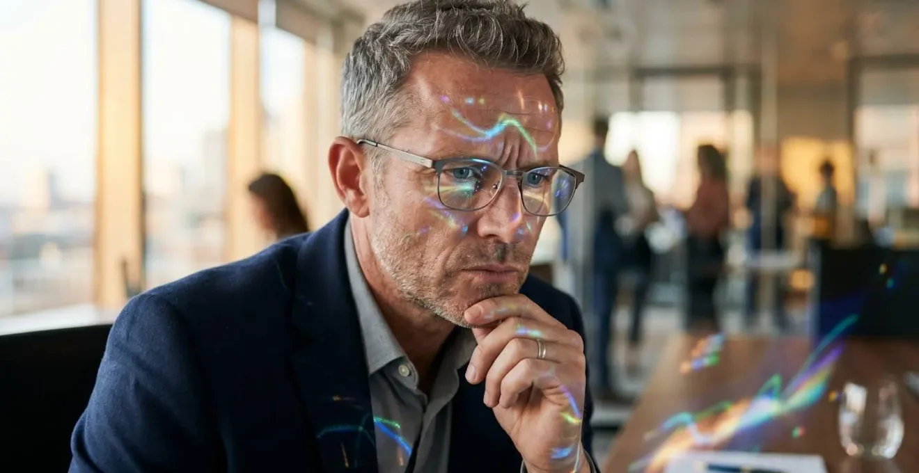 Professional examining abstract data patterns with focused concentration