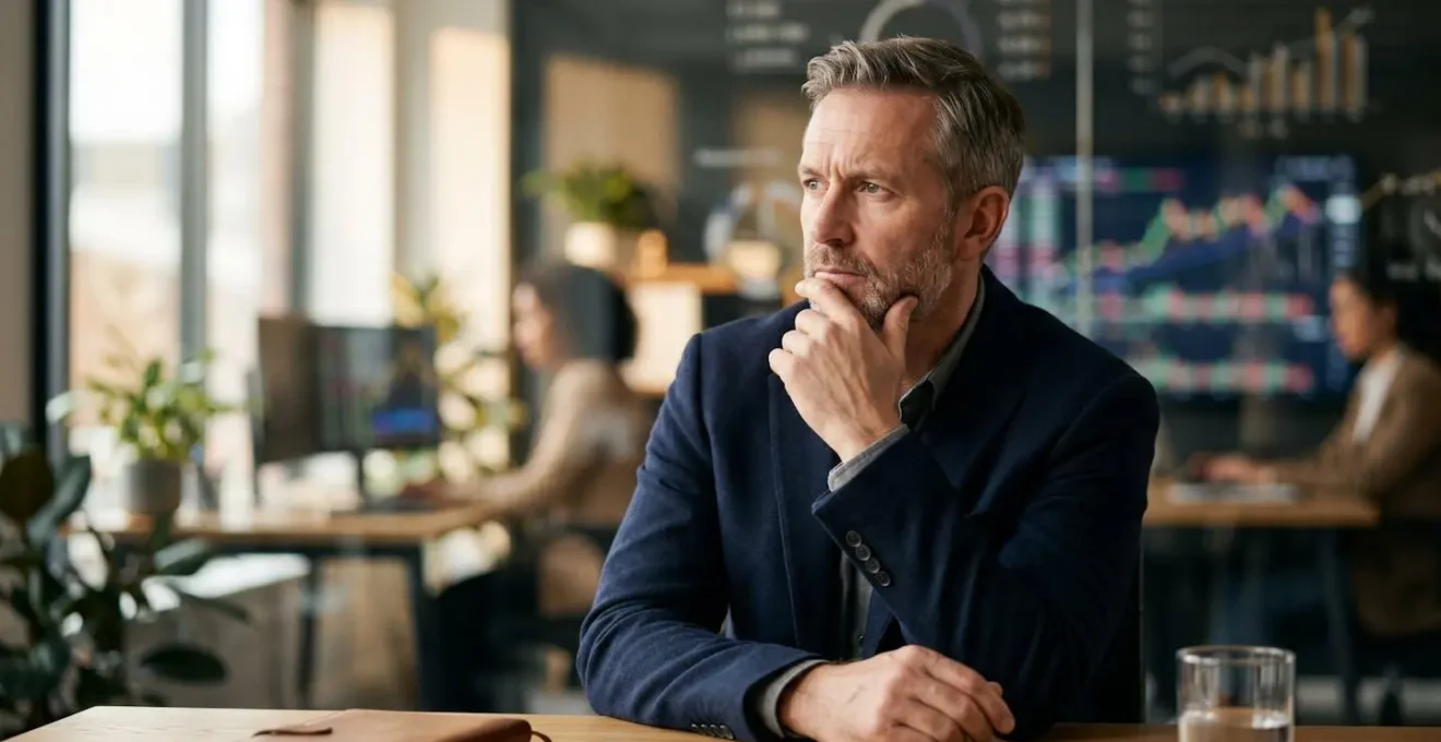 UK business owner in deep thought reviewing financial documents in office