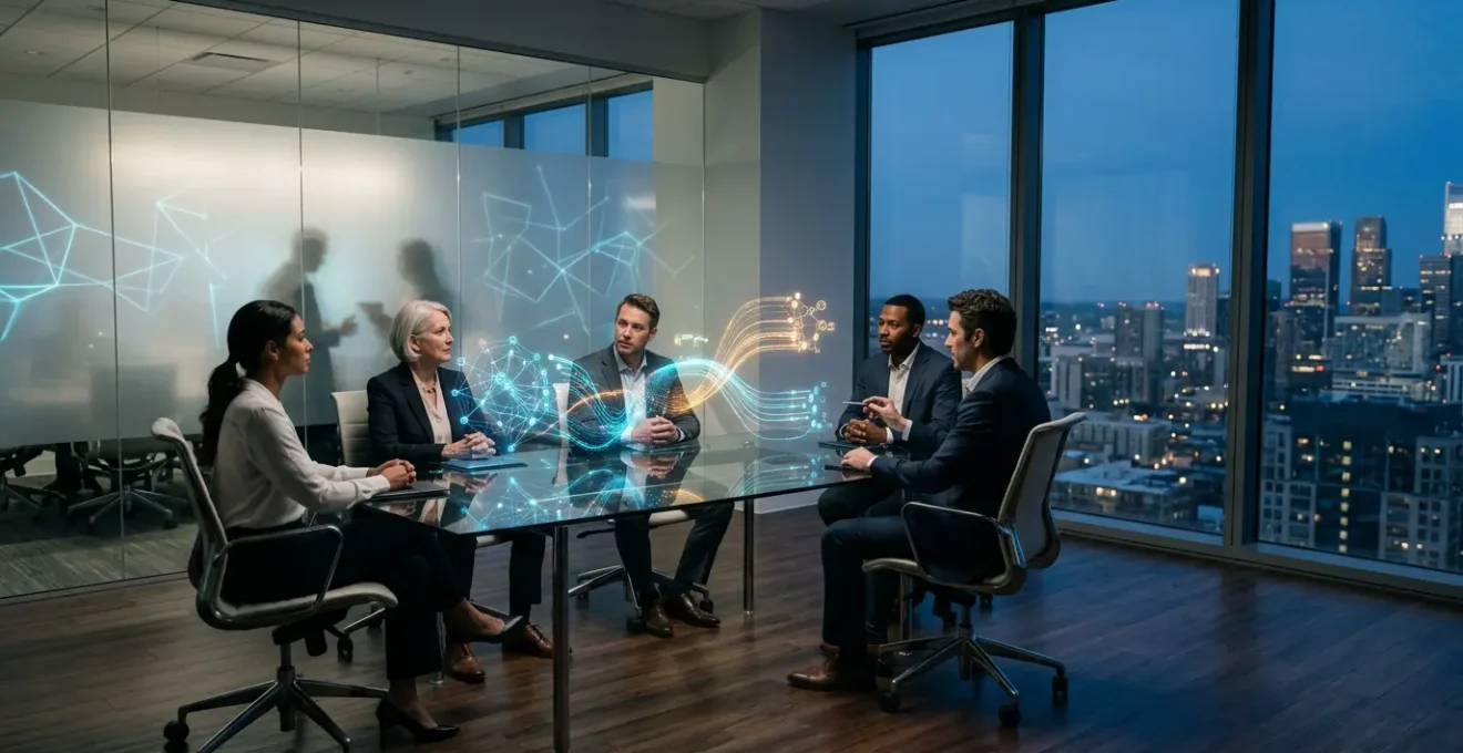 Business leaders analyzing resource allocation data on transparent displays in modern office