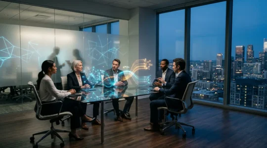 Business leaders analyzing resource allocation data on transparent displays in modern office