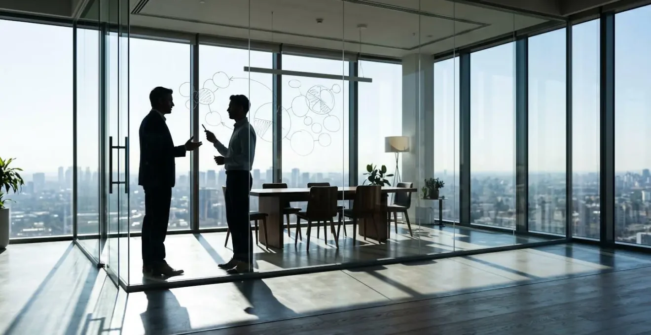 Business professionals analyzing innovation portfolio matrix on glass wall