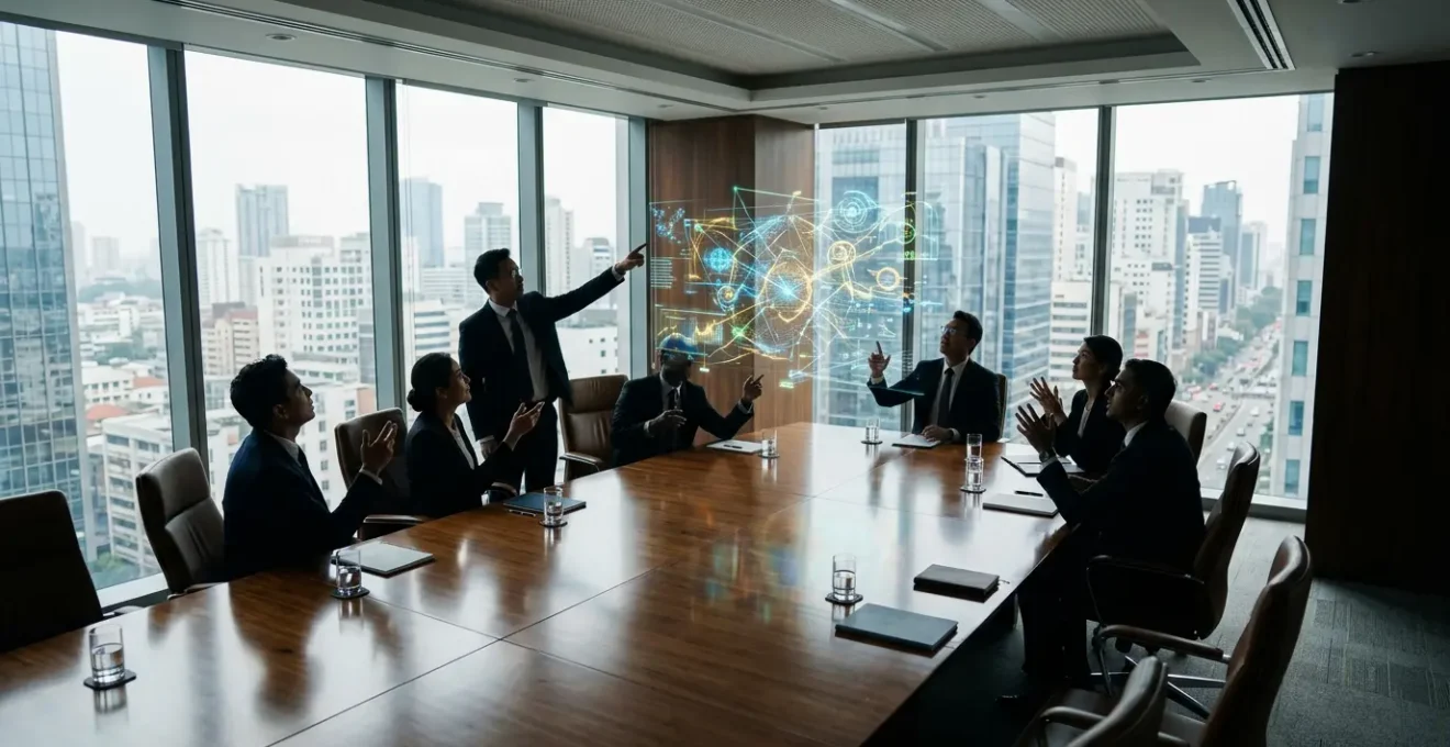 Executive boardroom with managers discussing innovation strategy charts