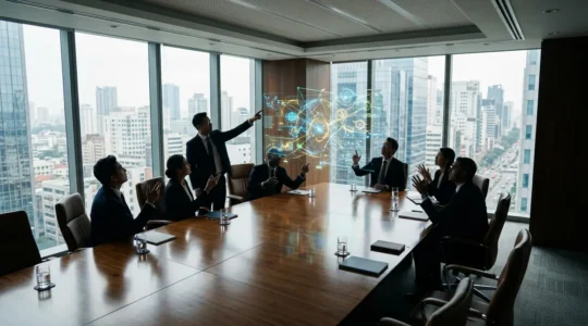 Executive boardroom with managers discussing innovation strategy charts