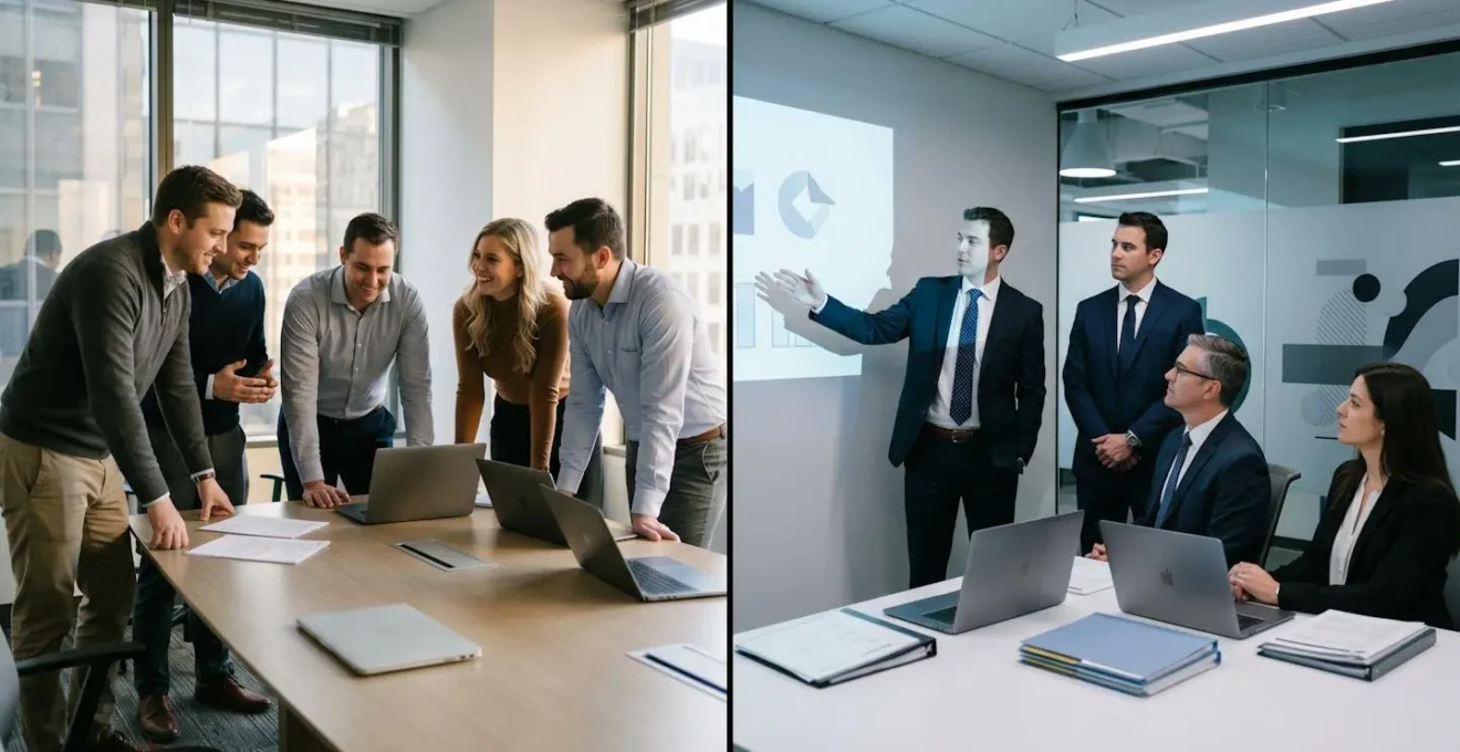 Split composition showing internal team meeting on left and external auditors presenting findings on right in modern corporate setting