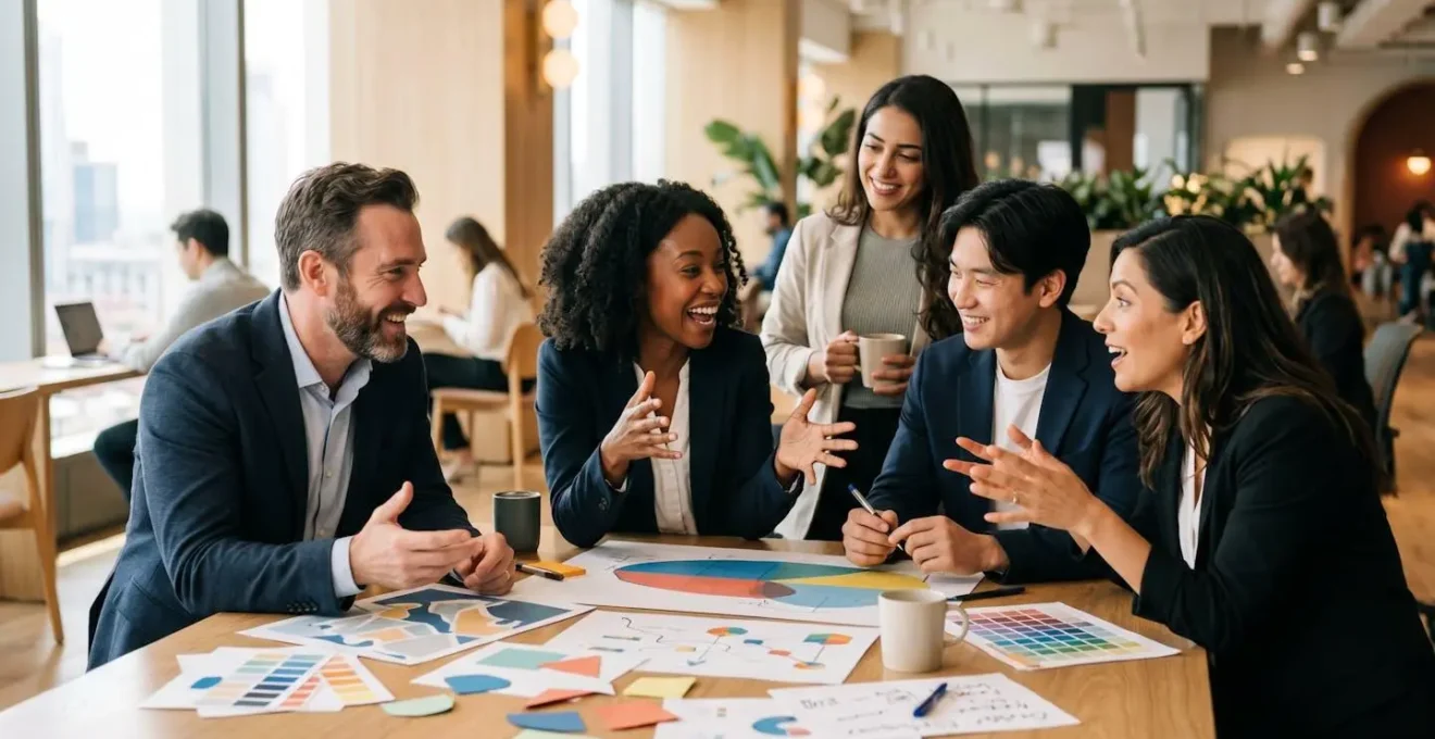 Diverse team collaborating around modular workspace with moveable elements