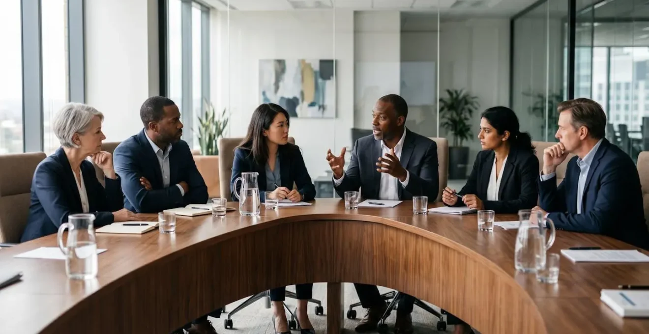 Cross-functional committee evaluating investment proposals in a collaborative workspace