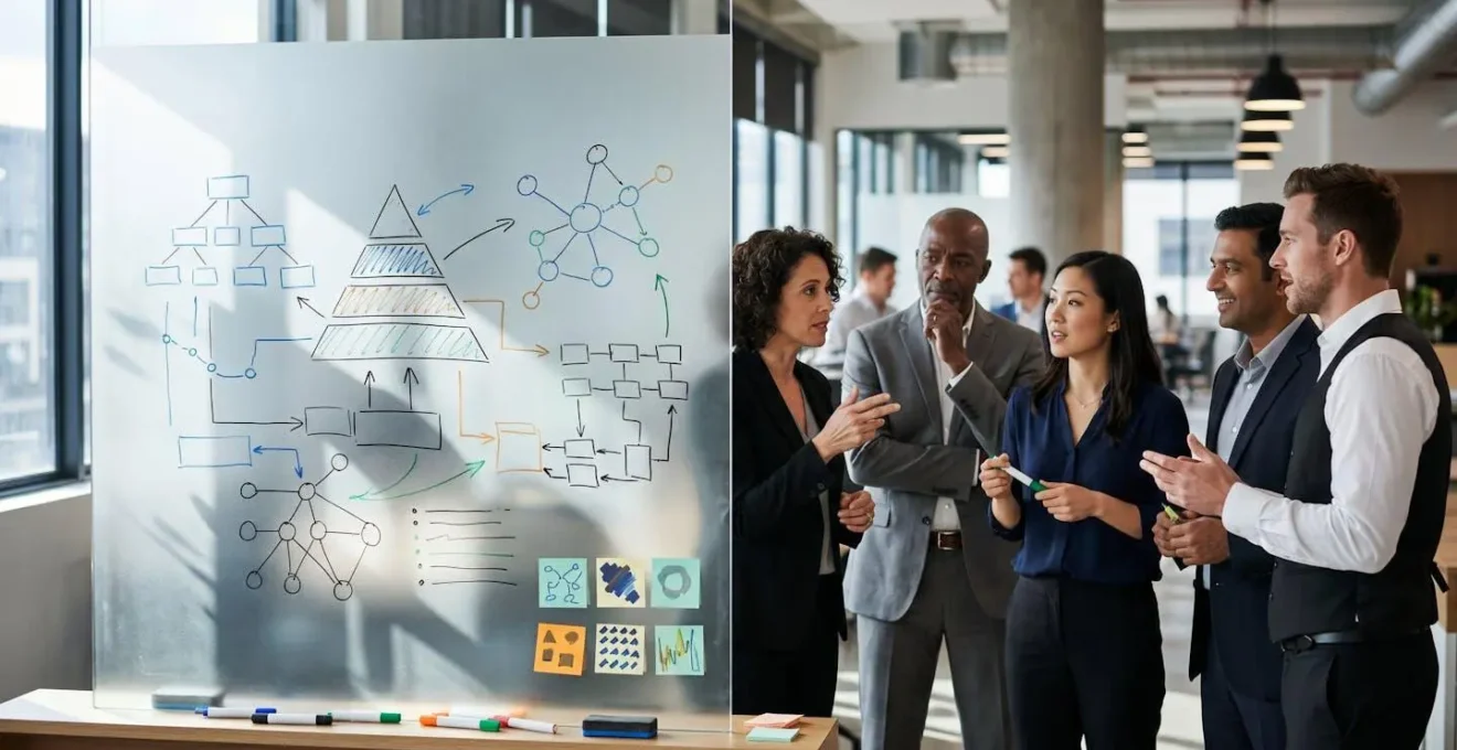 Business professionals examining a hierarchical KPI structure on a glass board