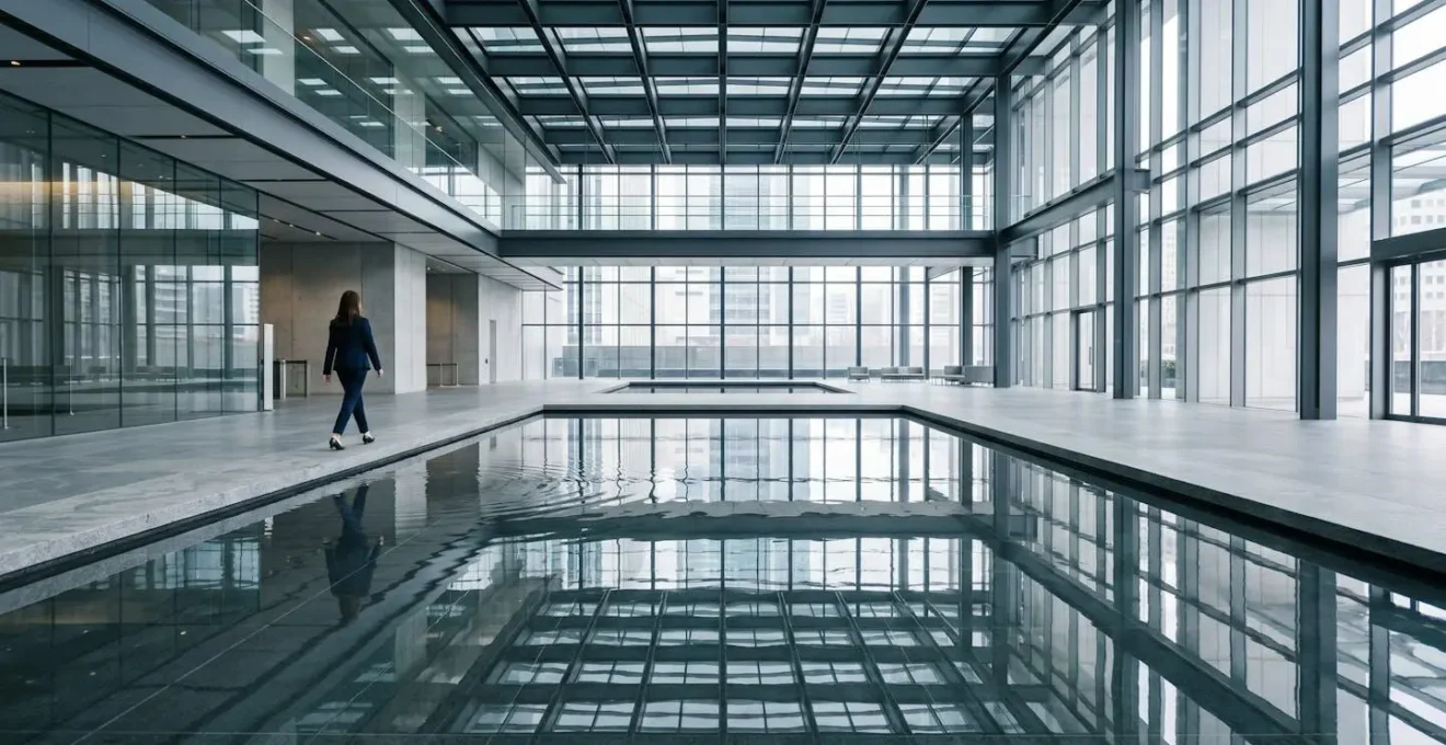 A modern building lobby with a perfectly still reflecting pool, symbolizing the clarity and stability of liquid assets.