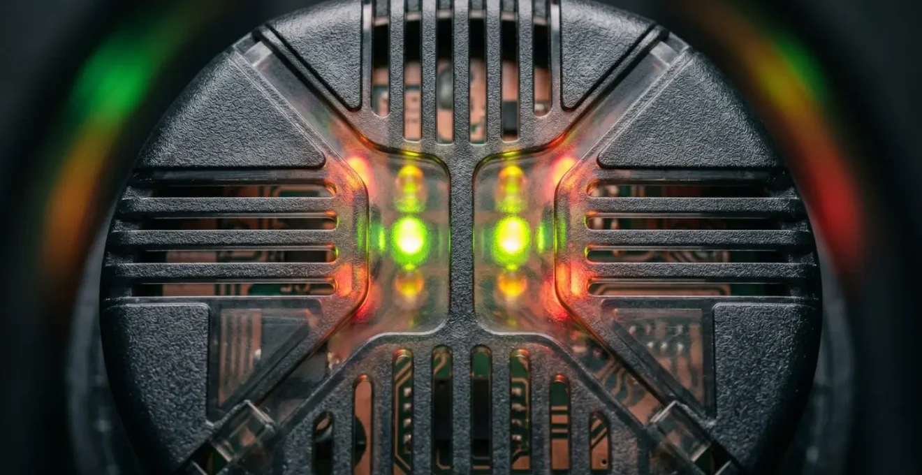 Extreme close-up of smart meter display showing energy flow patterns