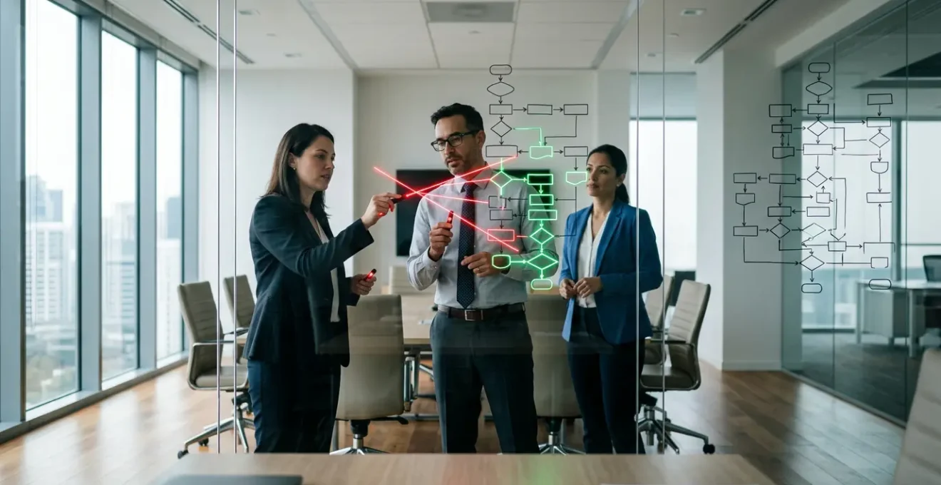 Corporate managers analyzing workflow process charts in modern office setting