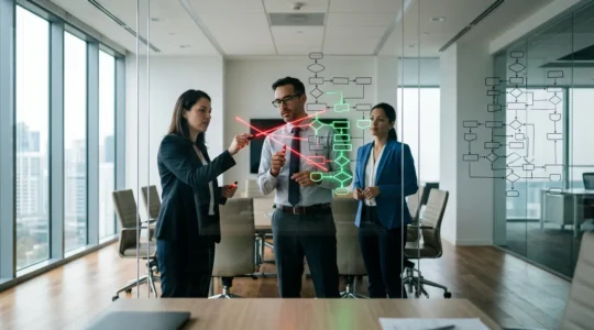 Corporate managers analyzing workflow process charts in modern office setting
