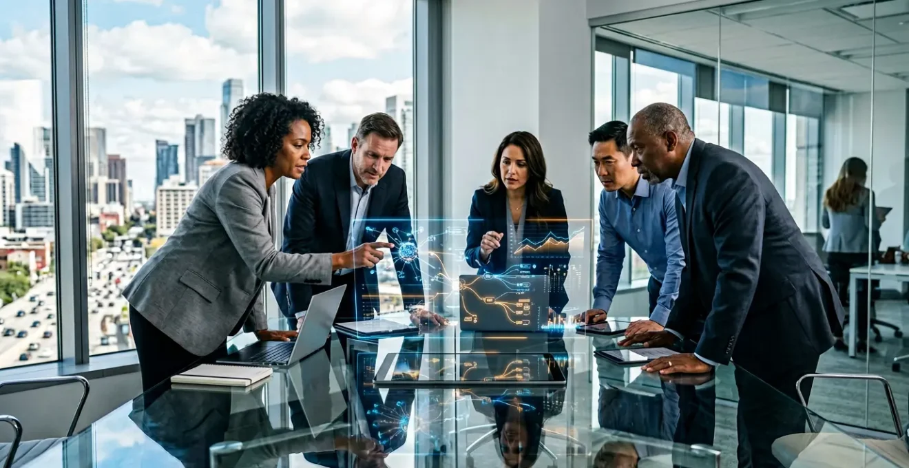 Business leaders collaborating around digital dashboard displaying ERP integration metrics in modern executive conference room
