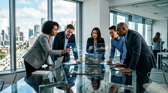 Business leaders collaborating around digital dashboard displaying ERP integration metrics in modern executive conference room