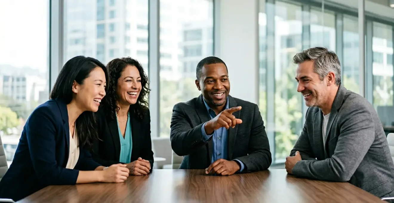 Executives collaborating around strategic revenue planning dashboard in modern office