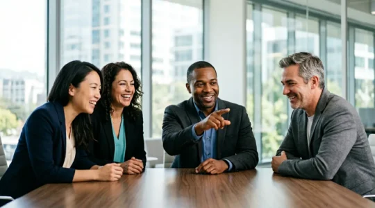Executives collaborating around strategic revenue planning dashboard in modern office