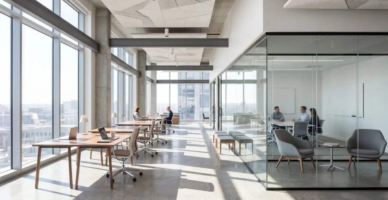 Wide view of contemporary UK flexible office space with multiple work areas