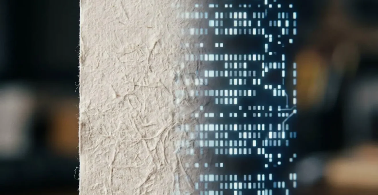 Extreme close-up of paper invoice texture transforming into digital patterns