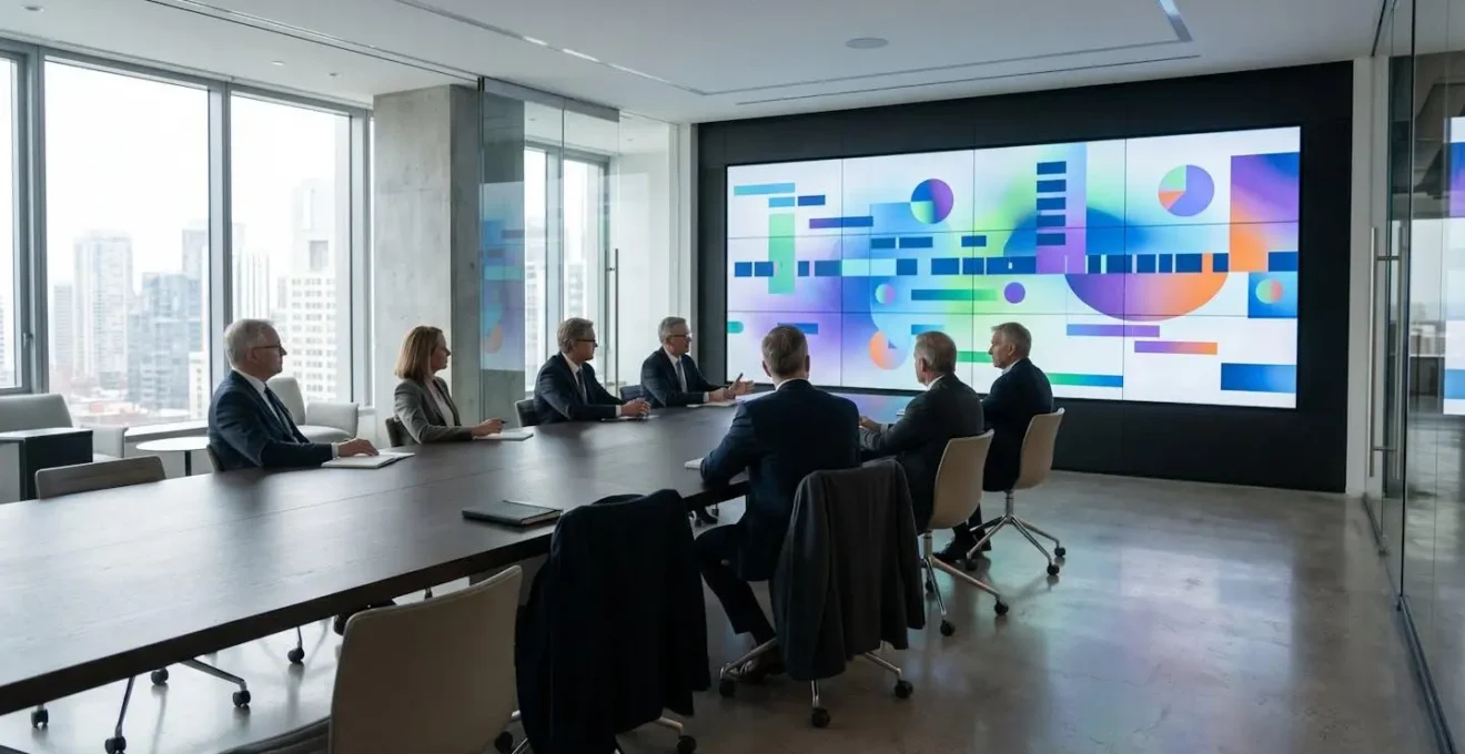 Wide angle view of executive planning session with timeline charts and review schedules displayed on wall boards