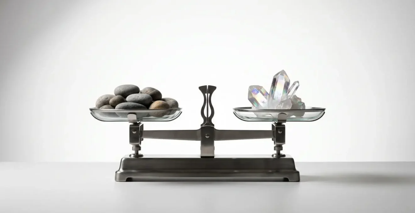 Abstract representation of risk and return balance in a portfolio, showing a scale with stable stones and glowing crystals.