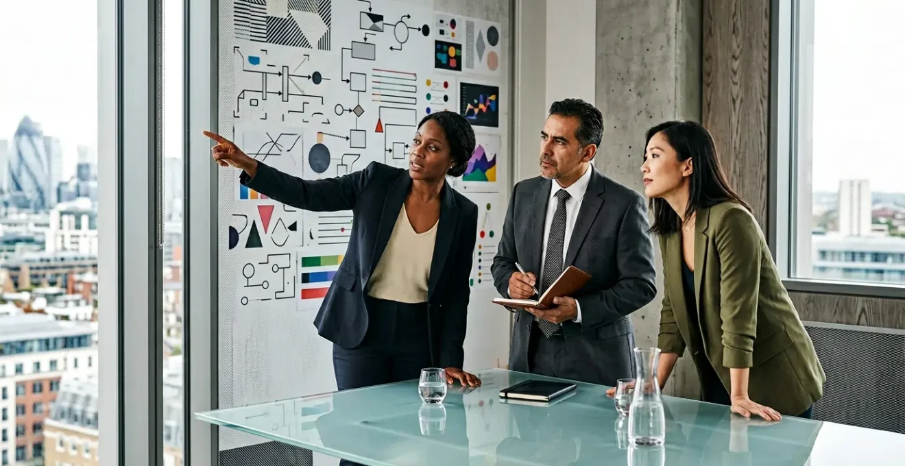 Executive team analyzing procurement strategy with data visualizations in modern corporate environment