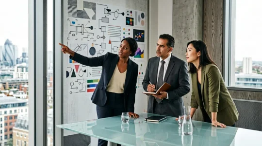 Executive team analyzing procurement strategy with data visualizations in modern corporate environment