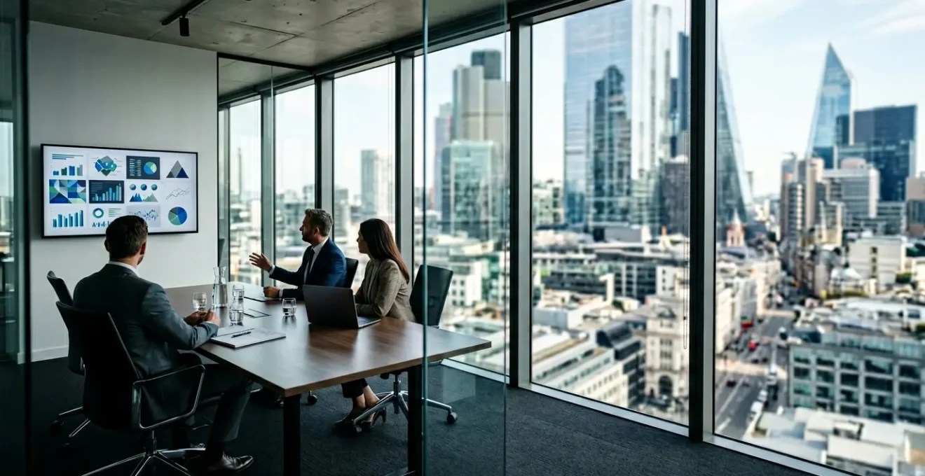 Executive project management strategy meeting in modern boardroom