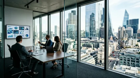 Executive project management strategy meeting in modern boardroom