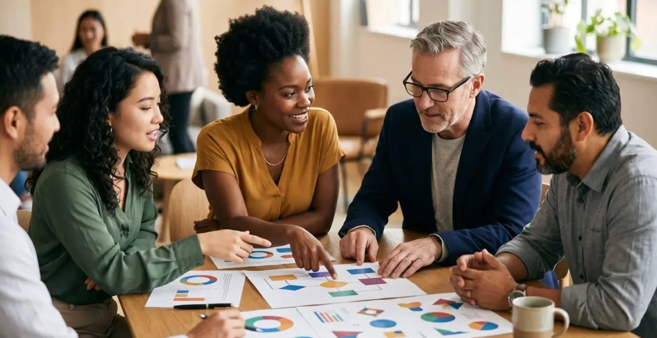 Diverse business team analyzing performance metrics on abstract charts