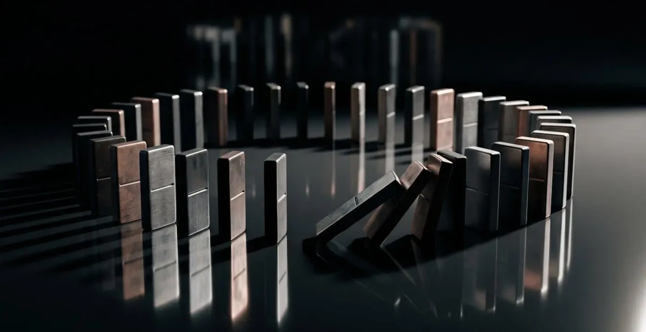 Interconnected domino pieces representing cascading business risks in concentrated regional markets