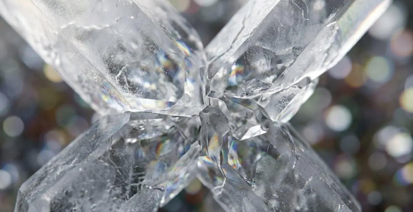 Macro close-up of crystalline structures merging together, representing software consolidation and optimization