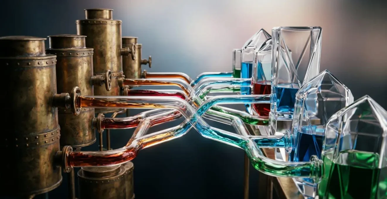 Abstract visualization of data flowing through secure channels between legacy and modern systems