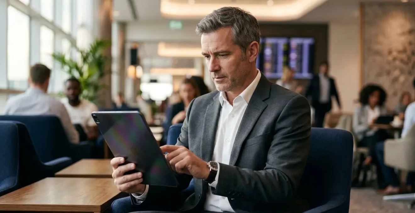 Executive using secured mobile device with privacy screen in airport lounge