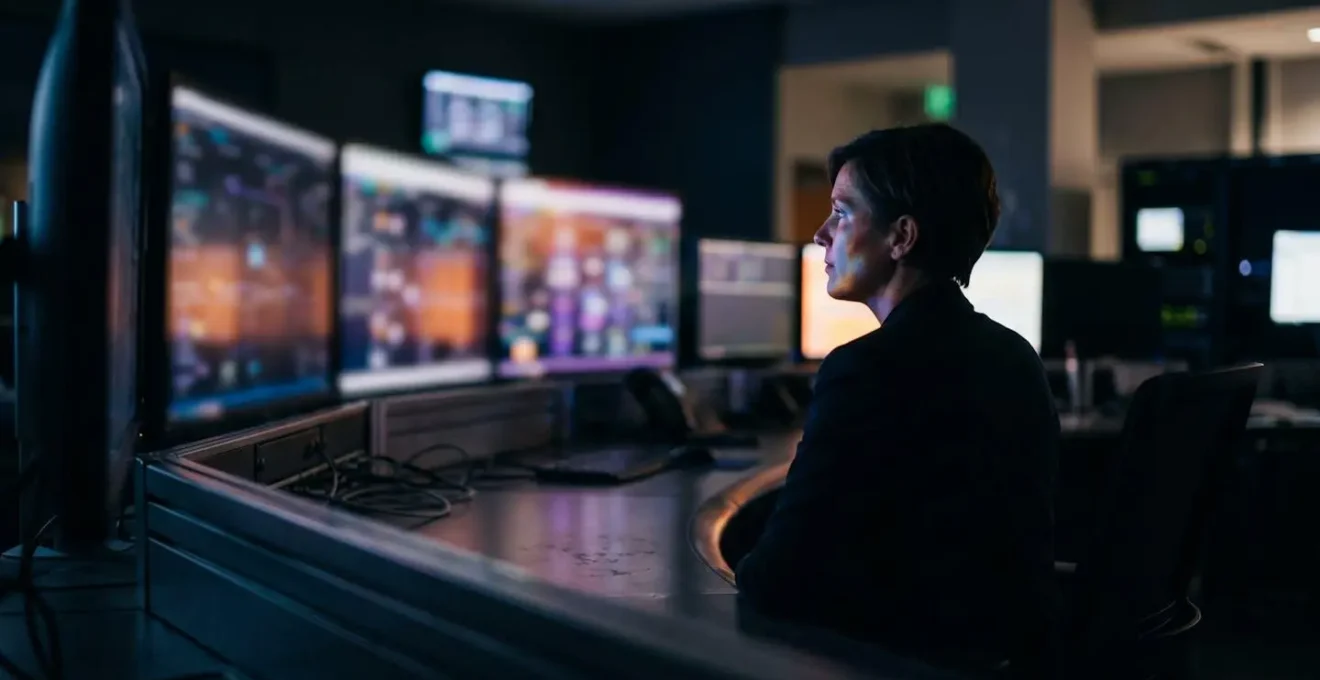 Energy management control room with multiple monitoring screens displaying building performance data