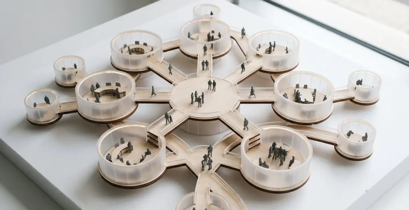 Abstract aerial view of interconnected office spaces with pathways showing collaboration and movement patterns