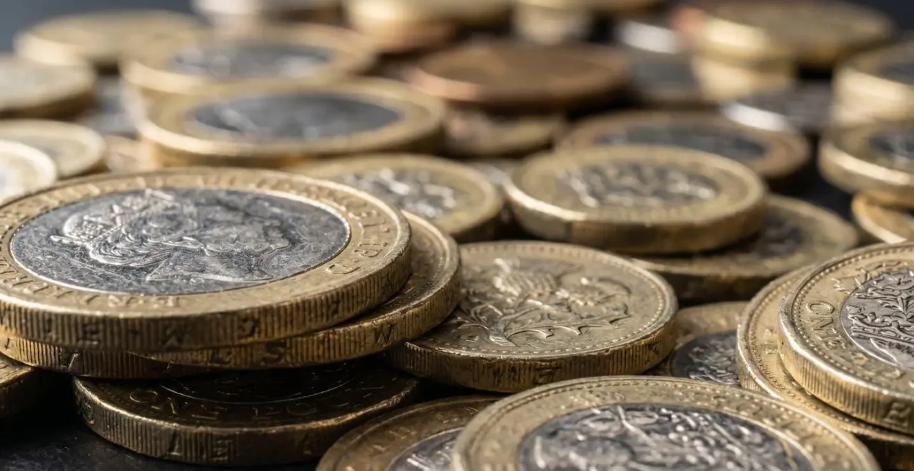 Macro shot of British pound coins with selective focus showing texture and depth