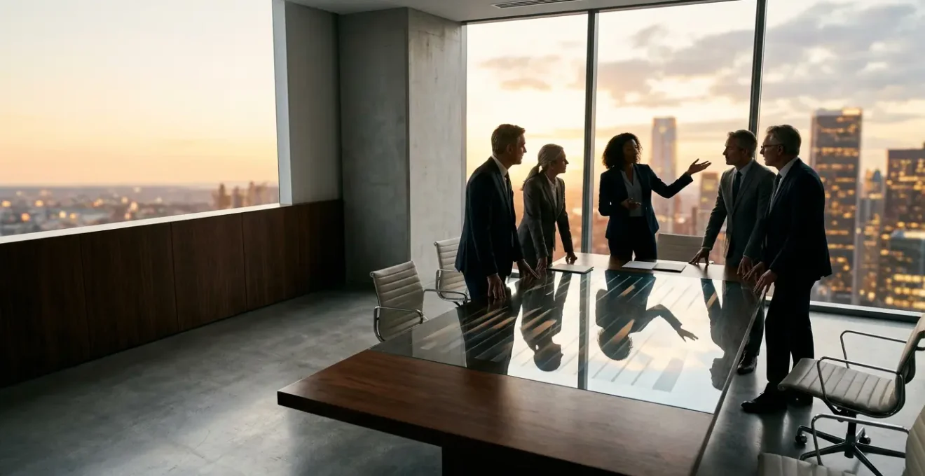 Executive team analyzing investment portfolio in modern corporate boardroom