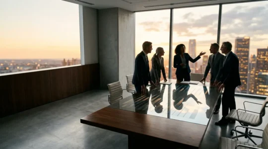 Executive team analyzing investment portfolio in modern corporate boardroom