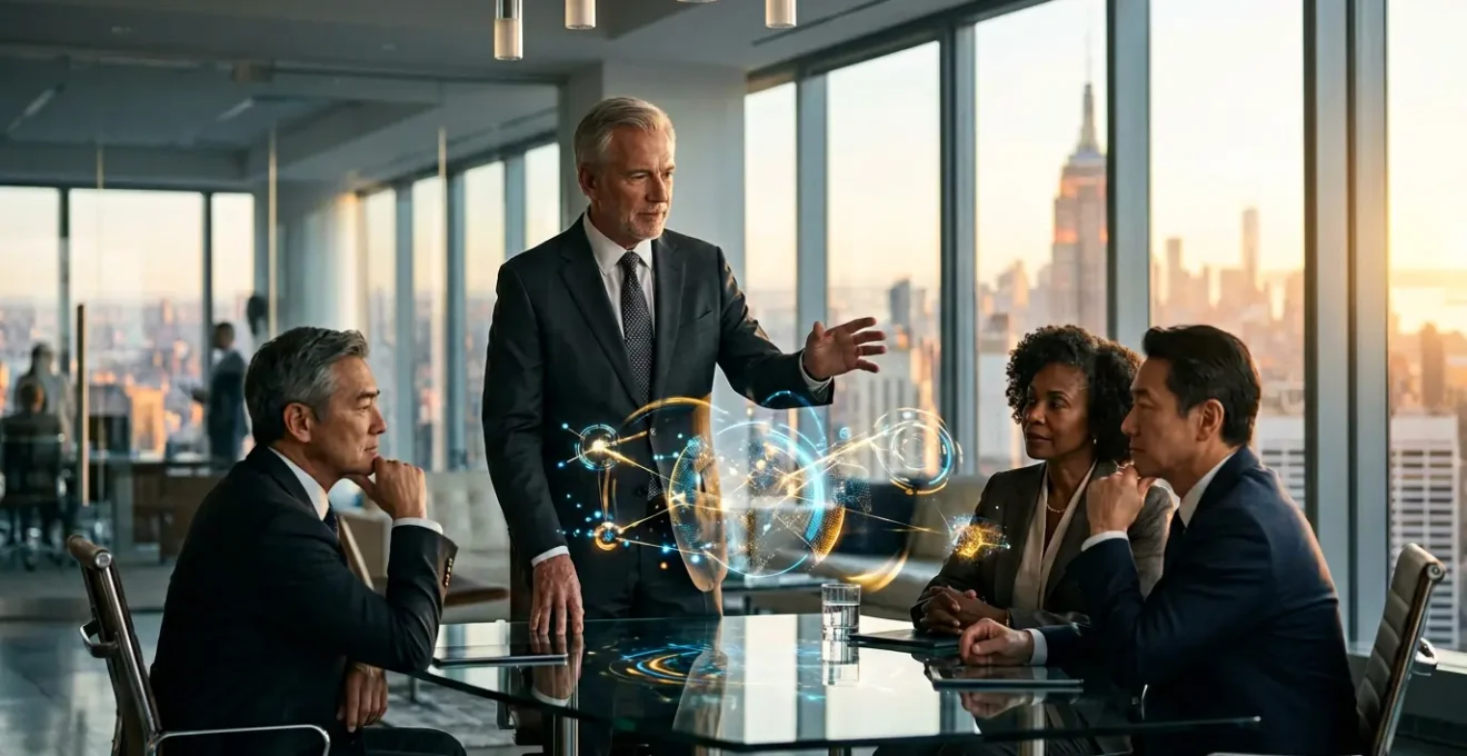 Corporate executives analyzing venture capital investment strategies in modern boardroom