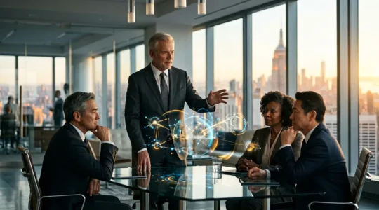 Corporate executives analyzing venture capital investment strategies in modern boardroom